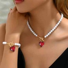 Red Heart Pendant Faux Pearl Necklace and Bracelet Jewelry Set