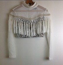 PRETTYLITTLETHING White Daggling Sequin Night Out White Cropped Tops Size 10 