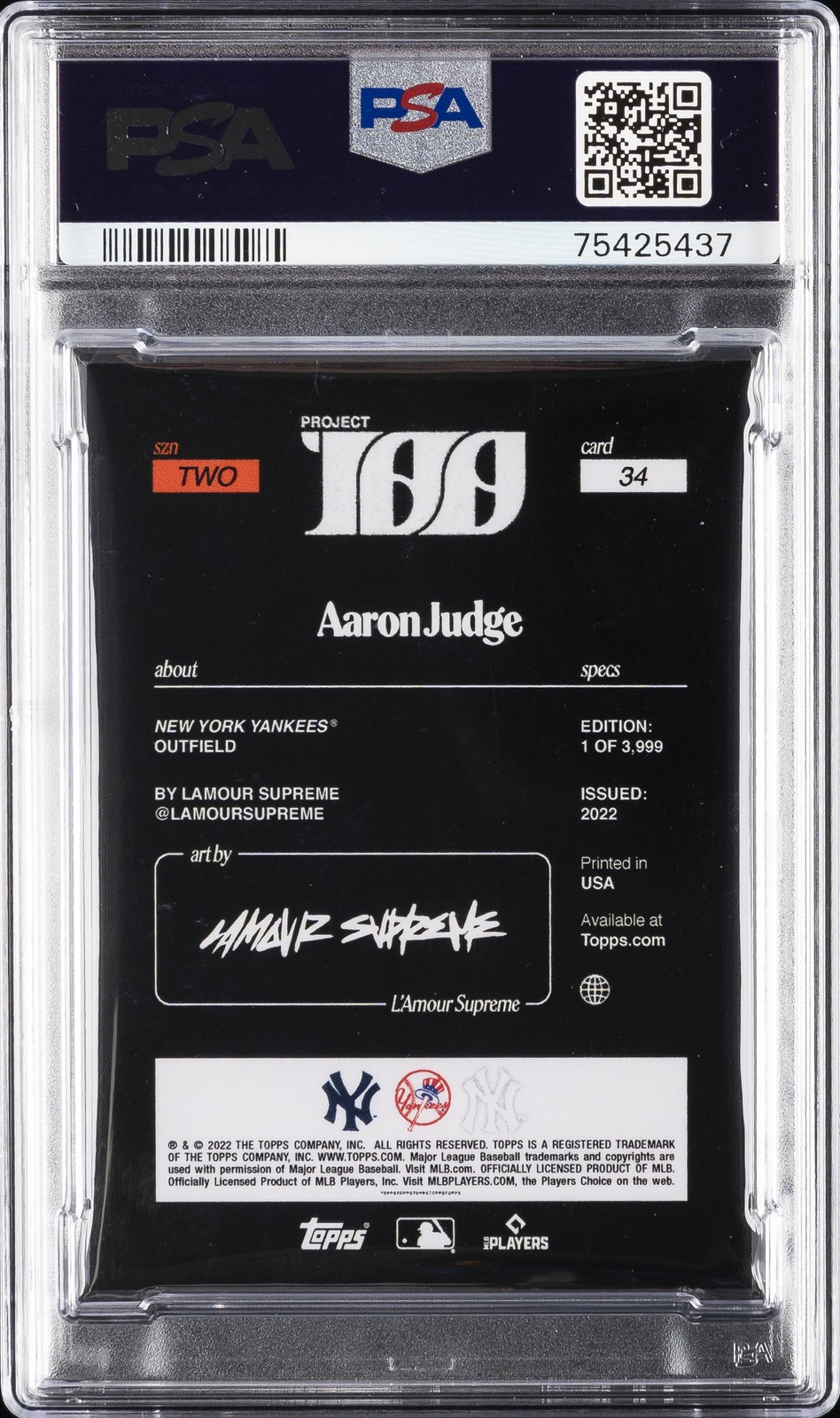 2022 TOPPS PROJECT100 #34 AARON JUDGE PSA 10 view 2