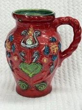 Vintage Bay Keramik Red Jug Pitcher Vase Bright Multicolor Floral MCM Rustic