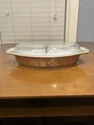 Vintage Pyrex AMERICANA Divided Casserole Dish Divided Lid 1 1/2 Qt Brown Gold