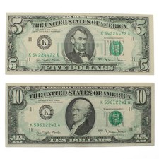 1977 A Series $5 $10 Back-to-Front Wet Ink Transfer U.S. Notes Lot of 2 C957-2