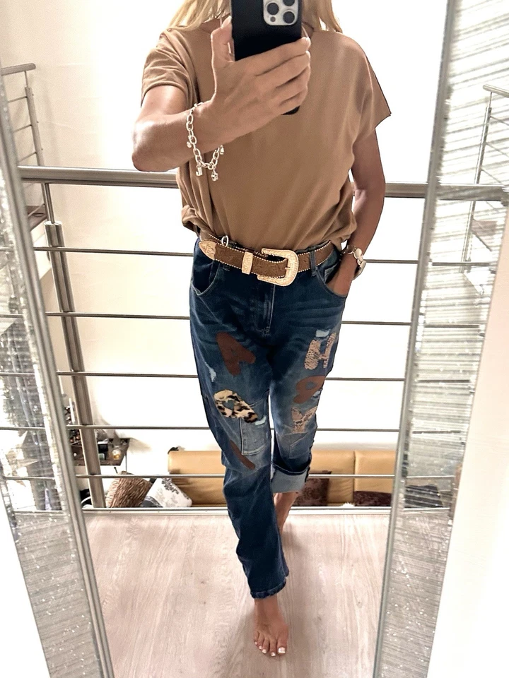 😍Sexy S.Woman Boyfriend Baggy Jeans Glitzer Patches Leo Boho Damen SW1605 L - Bild 3 von 4