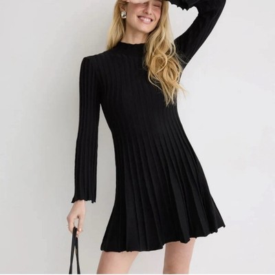 Maje Black Ribbed Knit Mini Dress Career Fit Flare Long Bell Sleeve $300 Size 40