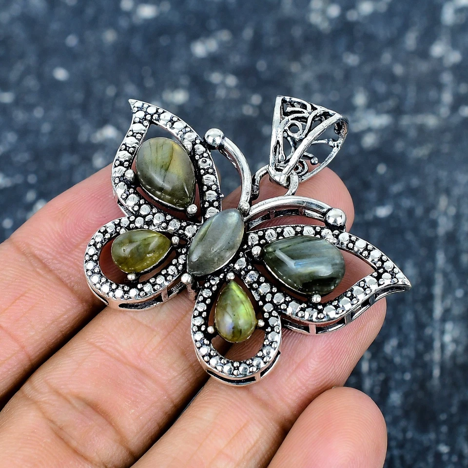 Labradorite Gemstone Handmade 925 Sterling Silver Jewelry Butterfly Pendant Gift - image 3 of 4