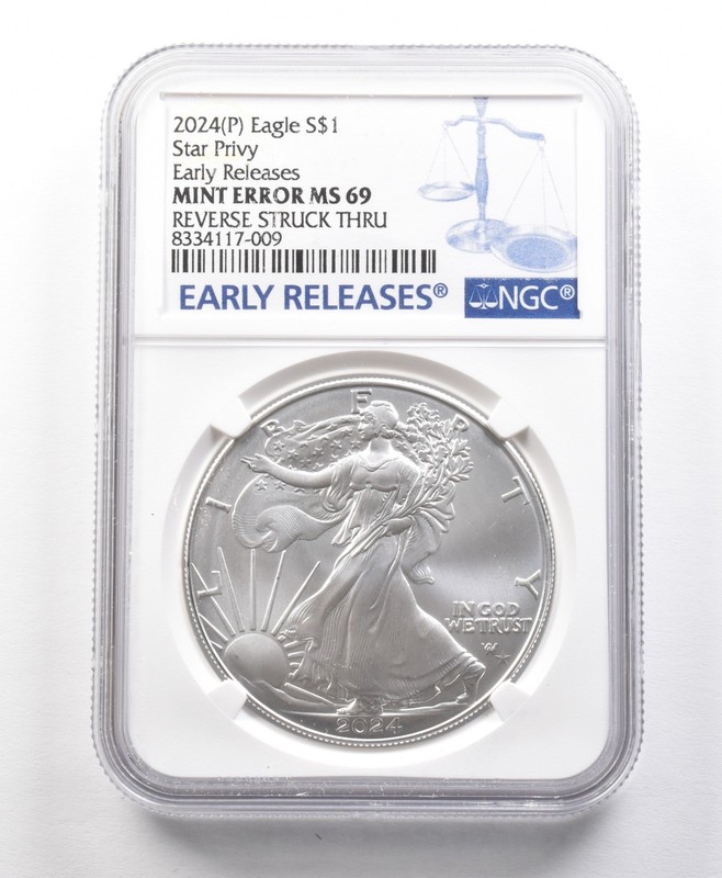 2024 (P) American Silver Eagle Star Privy Error Rev Struck Thru MS69 NGC a5674
