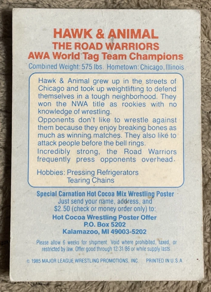 Tarjeta de coleccionista 1986 Carnation Major League Wrestling The Road Warriors. EHTF! Foto 4 de 4