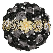 8" Luxury Gold Brooch Bridal Wedding Bouquet Bride Bridesmaid Satin Rose Flow...