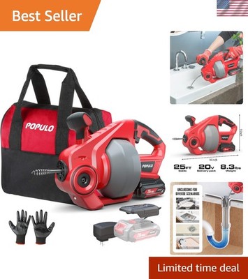 Powerful 20V Cordless Drain Snake - 25Ft Cable, LED Light & Storage Bag Included