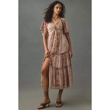 Anthropologie Dress Brown Snakeskin Python Tiered Smocked Back XXS Boho Cottage