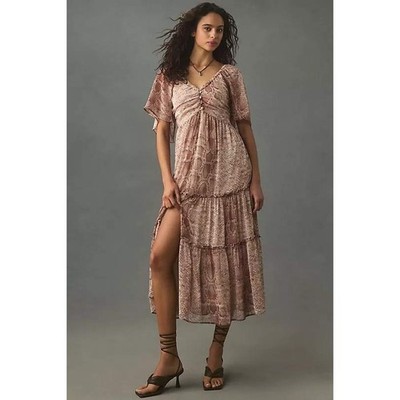 Anthropologie  Dress Brown Snakeskin Python Tiered Smocked Back XXS Boho Cottage