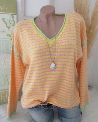 Neu Italy  Stylische Strick Pullover Gestreift Gelb-Grün-Rosa One-Size 36-40 - Bild 1 von 4