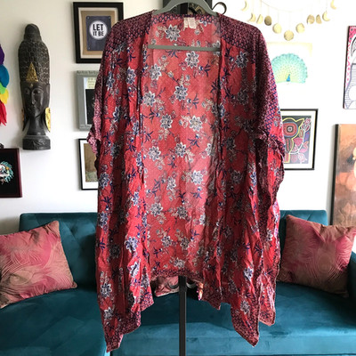 JAPNA Burgundy Red Print Boho Open Bohemian Kimono Cardigan One Size O/S