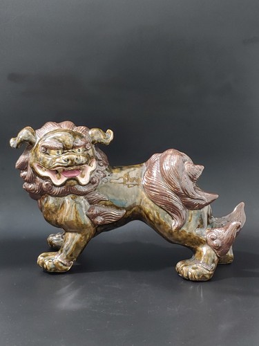 Vintage Chinese Brown Glazed Porcelain Sculpture Lion Feng Shui Power Art Statue