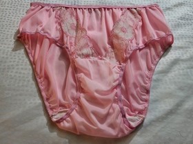 ​VTG Pink Nylon Tricot Panties SZ L XL Floral Lace Inset High Rise Granny Briefs