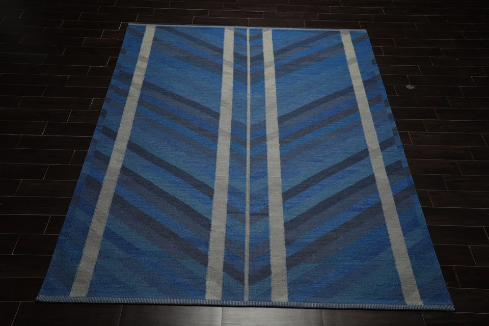 Tapete geométrico moderno e contemporâneo 8x10 tecido à mão lã tecido plano azul Kilim - Imagem 2 de 4