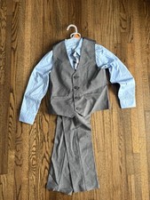 Boys 4 Piece Set Blue Button Down Shirt Gray Vest  Pants Tie Outfit Set Size 7