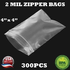 300 - 4" x 4" ZIP SEAL TOP LOCK BAGS CLEAR 2 MIL PLASTIC RECLOSABLE BAGGIES