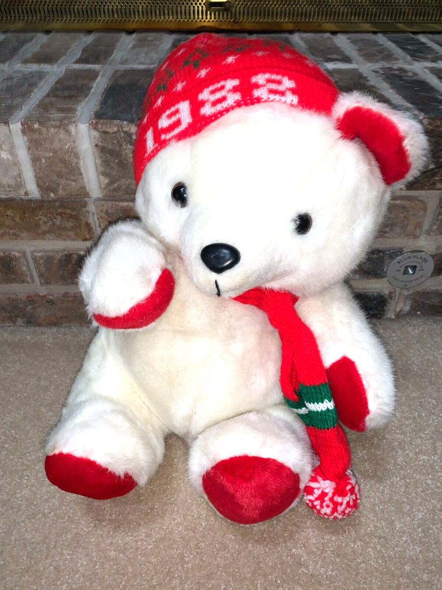 Vintage Fluffy Polar Bear with a scarf and a 1988 cap KMart