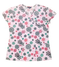 Womens Fashion Medical Nursing Scrub Tops Pink base colorful snowflakes 3XL