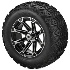 (4) Golf Cart 22x11-12 Black Trail A/T Tire on 12x7 Black/Machined Viking Wheels