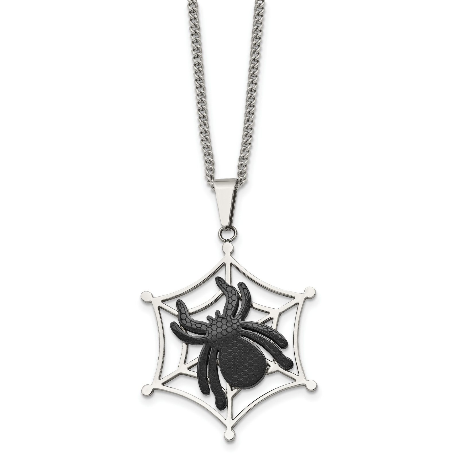Stainless Steel Ip Black Plated Spider & Polished Web Necklace