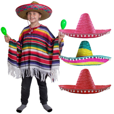 Mexikanisches Mädchen-Kostüm – Poncho-Kleid Mit Rosa Sombrero, Größe XL (12-14 Jahre)