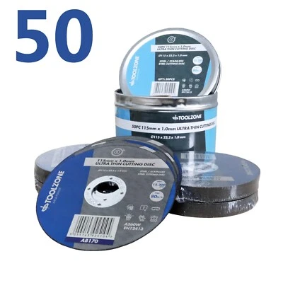TOOLZONE 50 Cutting Discs 115 X 1 X 22.22mm Steel INOX Stainless Iron Metal + Storage Tin