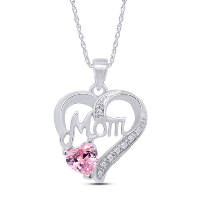 ''Mom'' Heart Pendant Necklace Pink Sapphire in Sterling Silver 925