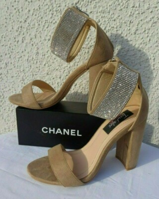 Sexy High Heel Strass GoGo Shoes Tsoukalas Sandaletten beige Blockabsatz Gr.37