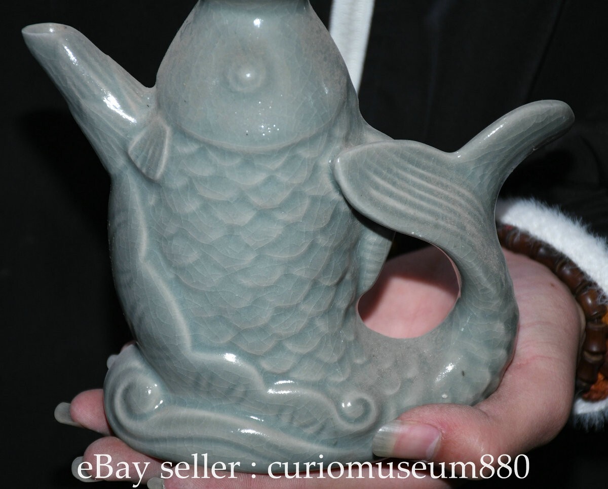 7.2" Old Chinese Ru Kiln Blue Glaze Porcelain Fish Lid Wine Tea Pot Flagon