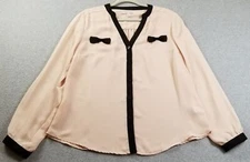 LC LAUREN CONRAD Button Up Shirt Women Large Pink Beige Black Sheer Long Sleeves