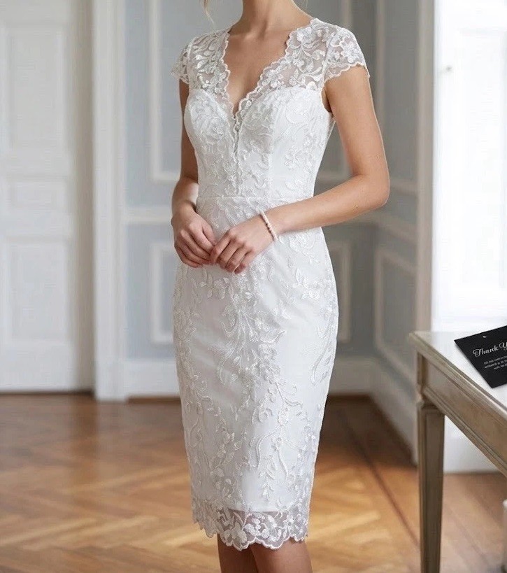 Soieblu White Lace Midi Bridal Dress Pencil Silhouette Courthouse Wedding M  | eBay