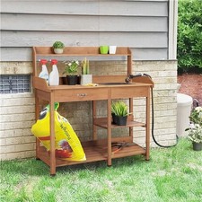 Natural Brown Garden Potting Bench Solid Wood Work Station with Sink Drawer 