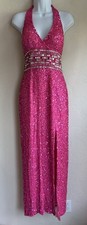 Vintage 90s Y2K Scala 100 Silk Beaded Halter Gown 6 Pink Formal Prom Backless
