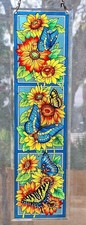AMIA Hand Painted Butterfly Floral Stained Glass Suncatcher Sunflowers 16"x4.5"