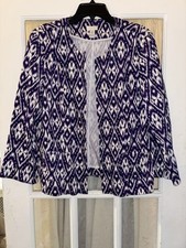 Chico s Women s Purple White Ikat Open Front Cotton Blazer In Size 2 Large