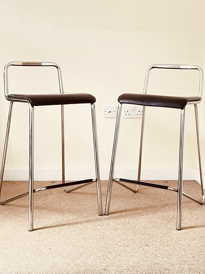 Paar 80er Jahre Stil italienische Effezeta Bar Thekenhocker Chrom & braunes Leder - Bild 2 von 4