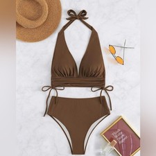 Bohemian Brown Halter Bikini Top and High Waist Bikini Bottom Set Womens Small