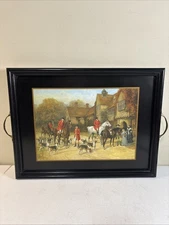 Vintage ENGLISH FOX HUNT SCENE Equestrian Hound Horse Black Wood Serving Tray