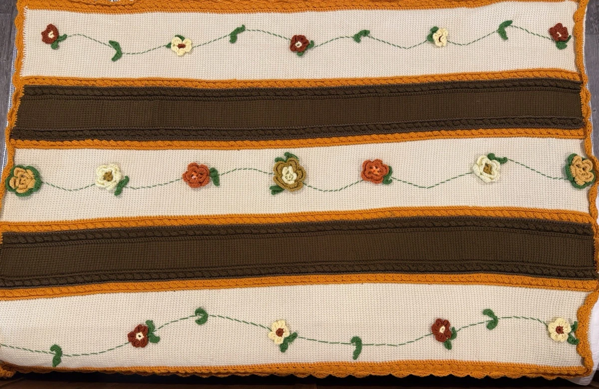Vtg Crochet Afghan Flower Blanket Handmade Floral Boho Grannycore Orange Brown..