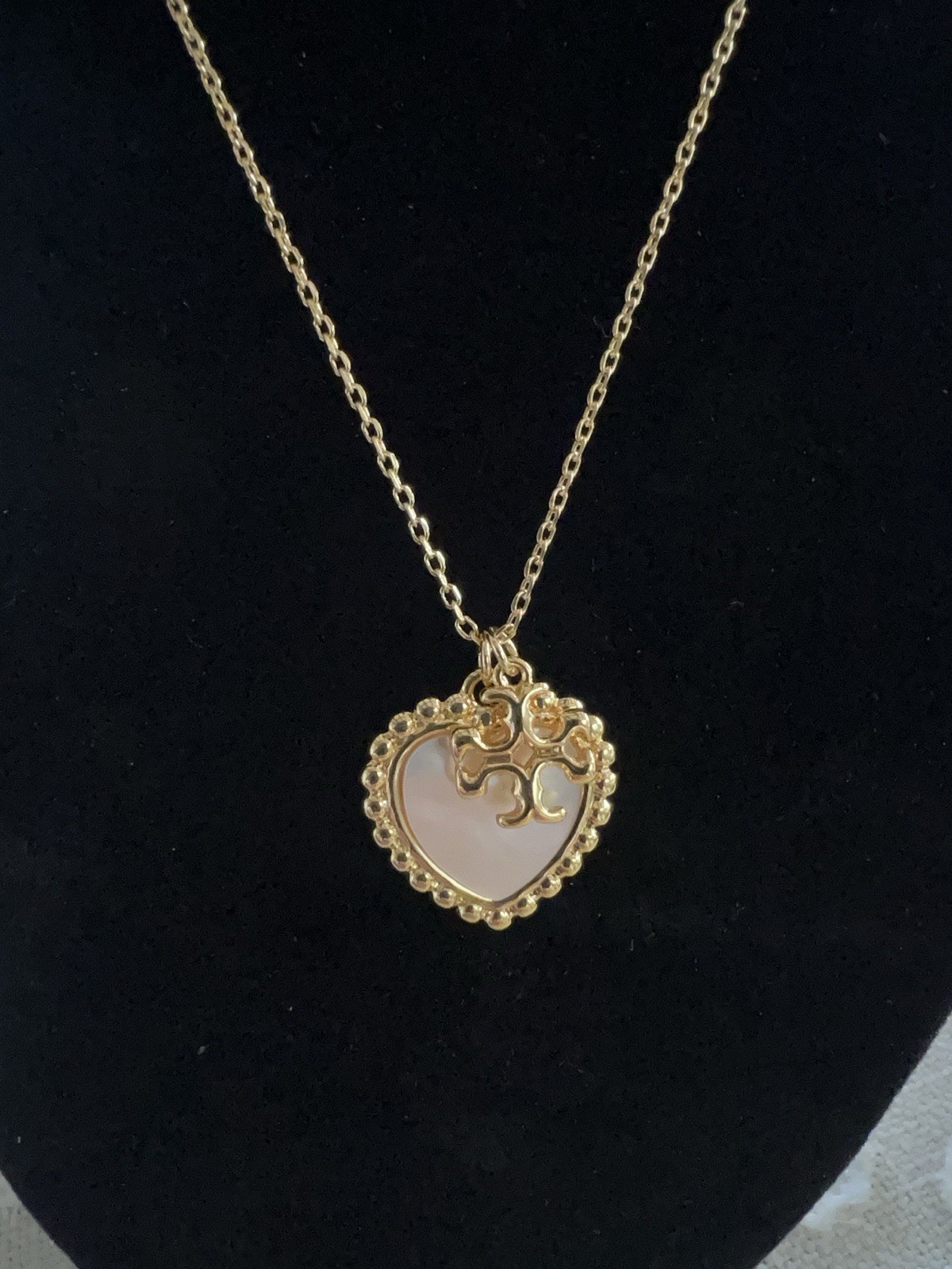 TORY BURCH Charm Gold Necklace, with Mother of Pearl Heart and TB logo 17” thumbnail 3