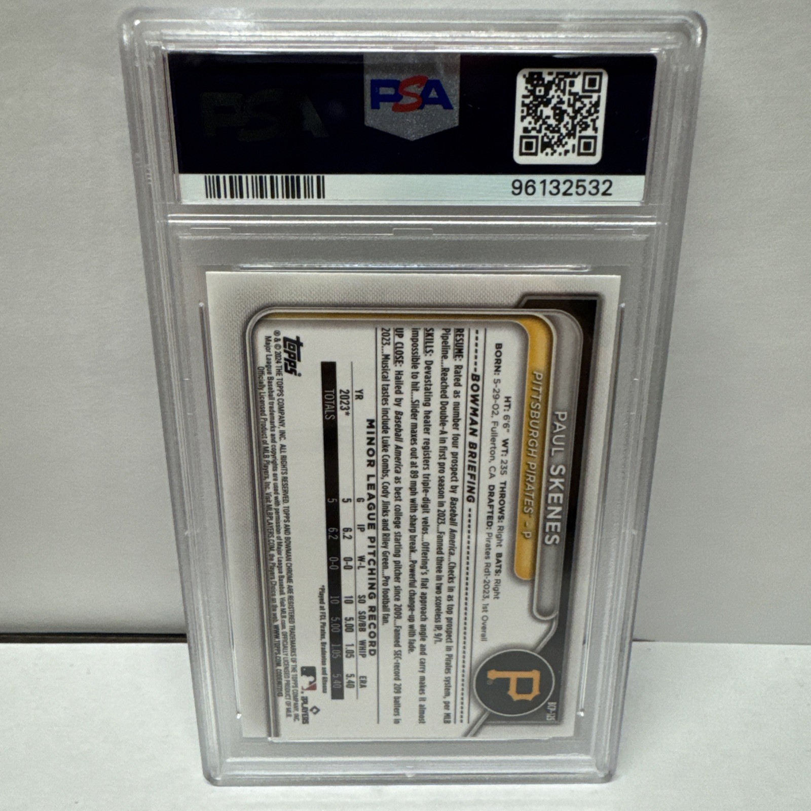 2024 Bowman Chrome Paul Skenes RC Pittsburgh Pirates ROOKIE PSA 9 view 6