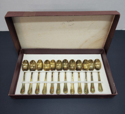 MPI Mori Produzione Inox Bronze Gold Tone Dessert Spoon 12 pc Set w/ Box set#1