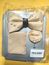 Men's Beige Bow Tie, Lapel Pin and Pocket Square Set