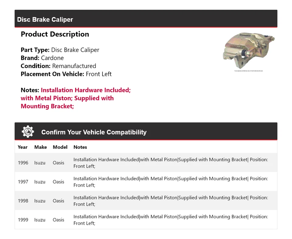 For 1996-1999 Isuzu Oasis Disc Brake Caliper Front Left Cardone 1997 1998 - Image 2 of 4