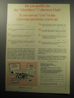 Matchbox Club 1967 Matchbox Collectors Club Ad - Do you qualify for the Matchbox club ...