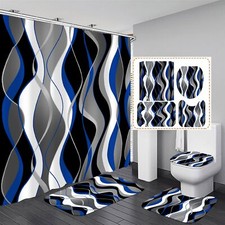 4 Pcs Blue and Black Striped Shower Curtain Set Grey and White Bathroom Sets ...