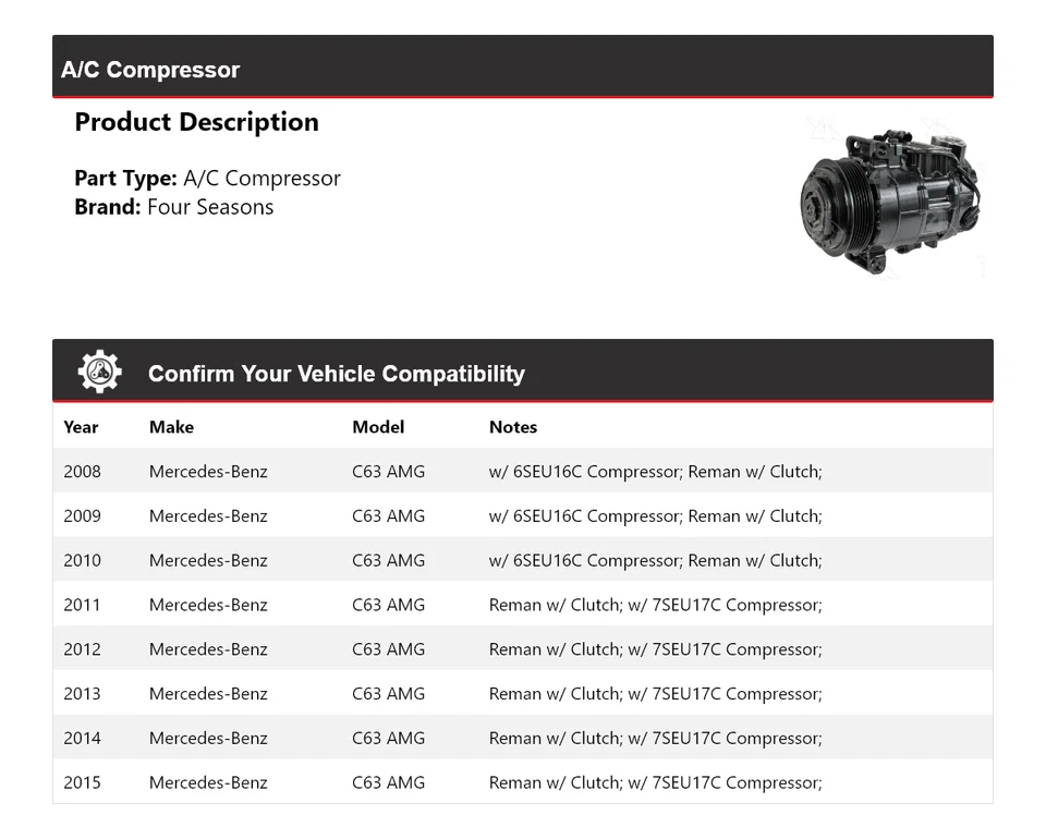 Compresor de aire acondicionado para Mercedes-Benz C63 AMG 2008-2015 4 estaciones 2009 2010 2011 2012 Foto 2 de 4
