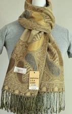 Women's Pashmina Shawl Scarf Wrap,Paisley Beige Gray Silk Cashmere*Soft